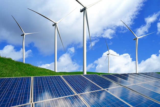 Fotovoltaïsche cel van het zonne-energiepaneel en de stroomgenerator van het windturbinelandschap in aardlandschap.