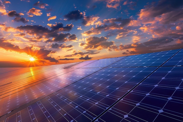 fotovoltaïsche modules op de achtergrond van zonsondergang en bewolkte hemel