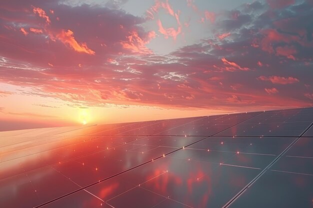 fotovoltaïsche modules op de achtergrond van zonsondergang en bewolkte hemel
