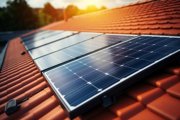 Fotovoltaïsche panelen op het dak Dak van zonnepanelen Weergave van zonnepanelen zonnecel in het dak huis met zonlicht