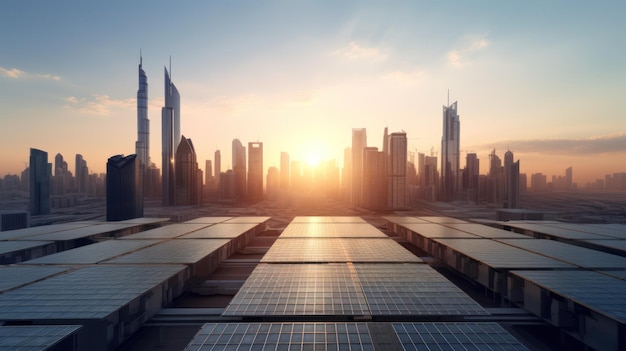 Fotovoltaïsche panelen op zonsondergang voor de grote stad Generatieve AI