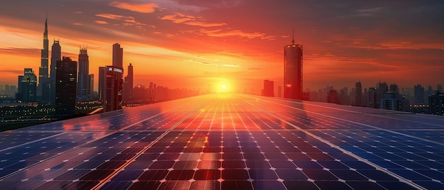 fotovoltaïsche zonnepanelen met een moderne stads skyline op de achtergrond tijdens een levendige zonsondergang