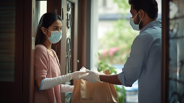 Fotovrouw blijft thuis eten bezorgen met een medisch masker aan ouderen, gegenereerd door AI