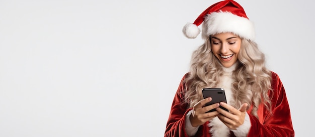 Fotovrouw die de verkoopbanner van het kerstmankostuum draagt voor kerstdag santameisje met mobiele telefoon