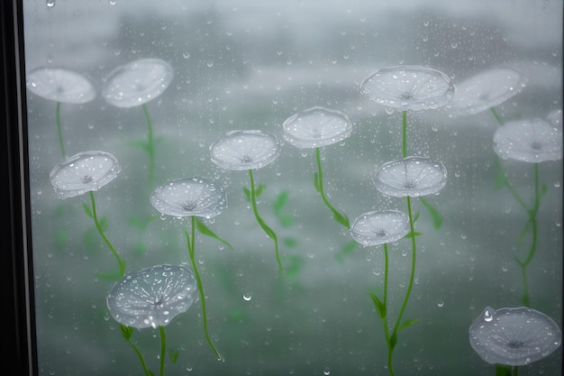 fotoweergave van bloemen achter transparant glas met waterdruppels