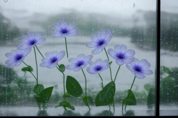 fotoweergave van bloemen achter transparant glas met waterdruppels