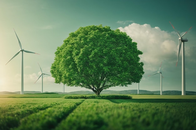 Fotowindturbines en zonnepanelen op weide met boomgrepen in de hand van de vrouw tegen blauwe lucht en wolken