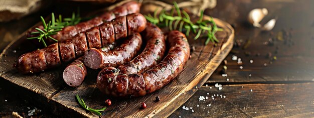 Photo fouette sausage on a wooden board generative ai