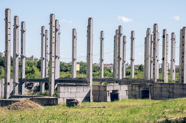 The foundation and support of the building at the construction site