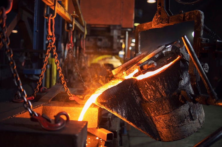 Photo foundry bucket pouring hot molten metal into casting mold for mettalurgy and steel production.
