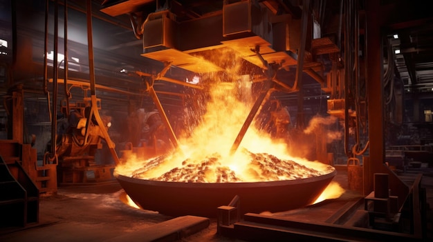 Foundry ladle pouring molten metal in steel industry factory