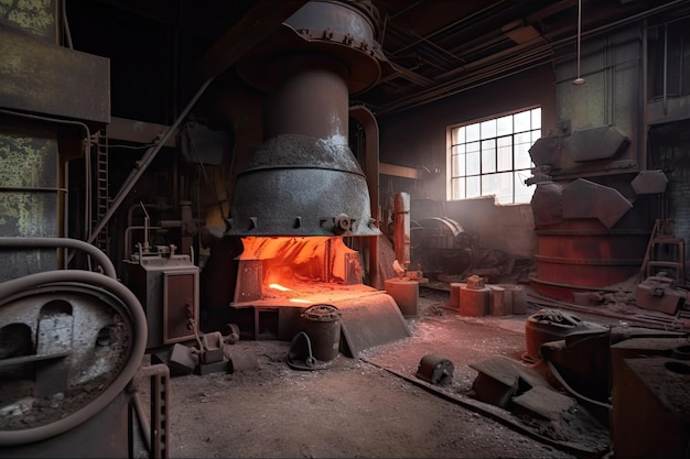 금속 부품 주조를 위한 거대한 용광로와 송풍기가 있는 주조 공장