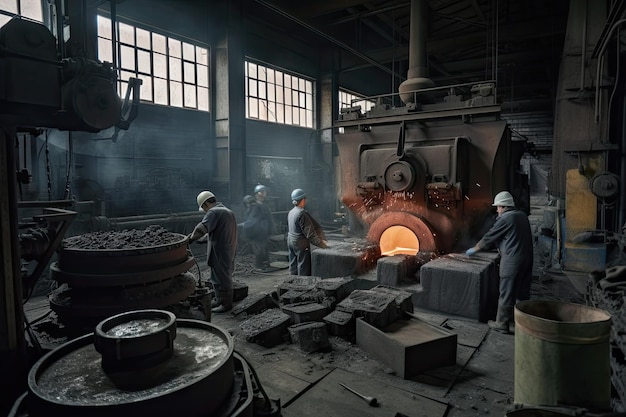 Foundry with group of workers and machines producing various metal parts