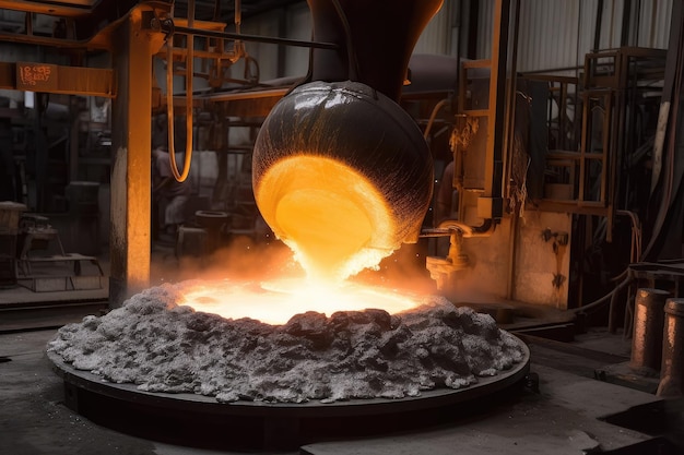 Foundry with molten metal being poured into mold