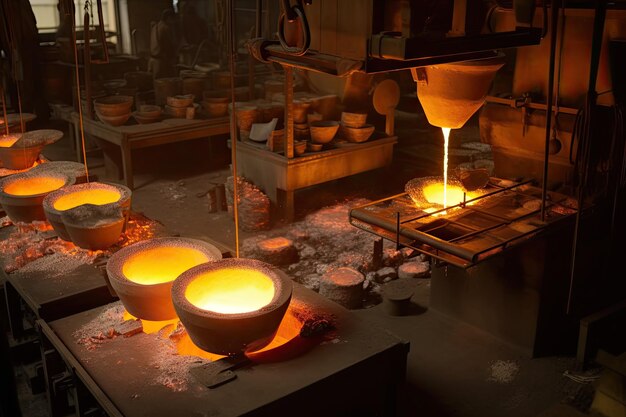 A foundry with molten metal being poured into molds to create a variety of products