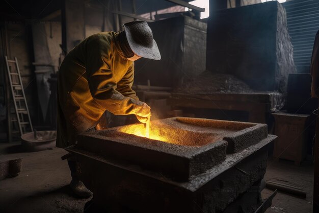 Foundry worker casting steel ingot into mold