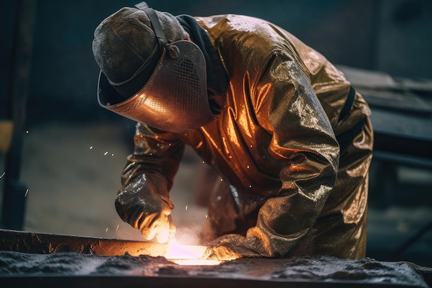 Foundry worker pouring molten metal into mold created with generative ai