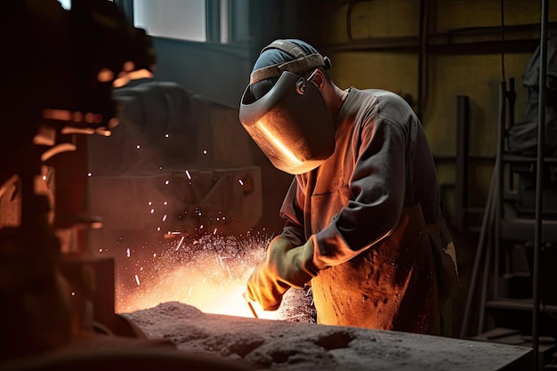 Foundry worker shaping and molding metal into a new product