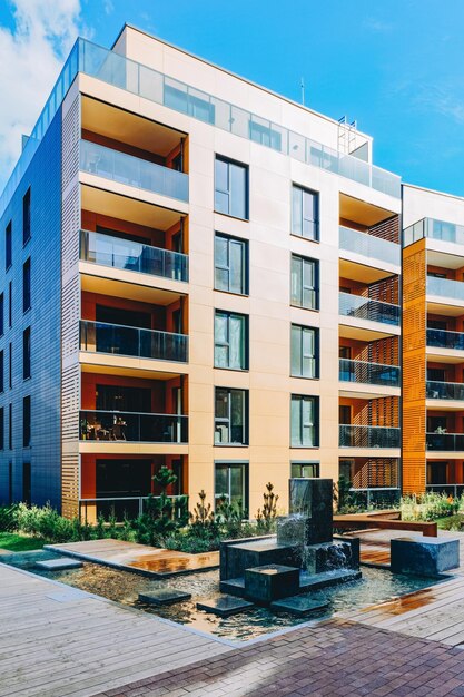 Fountain at complex of apartment residential buildings. And outdoor facilities.