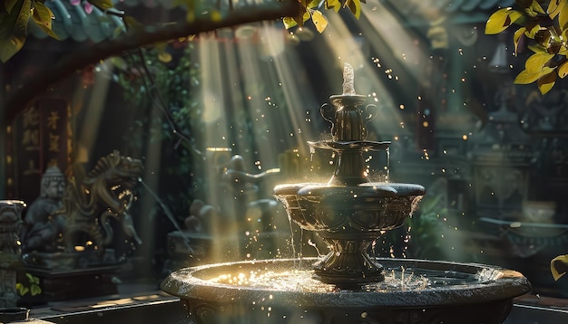 A fountain in a courtyard with statues of people around it