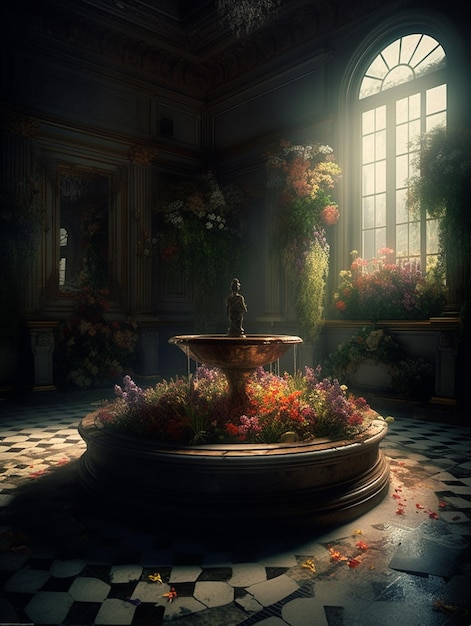 A fountain in a dark room with flowers on the floor.