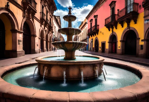 a fountain in front of a building with a red door