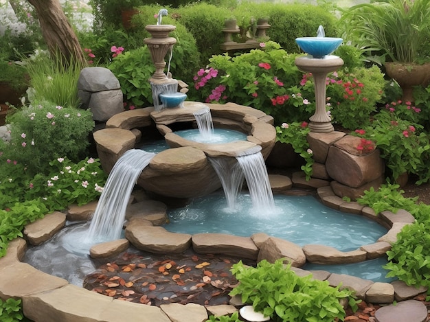 A fountain in a garden with plants and flowers