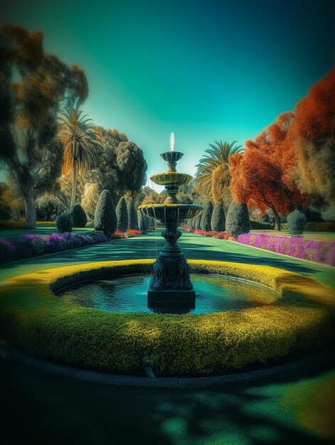 A fountain in a garden with a yellow tree in the background.