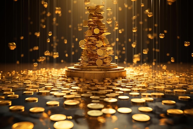 Fountain of gold coins raining on black background Generative AI