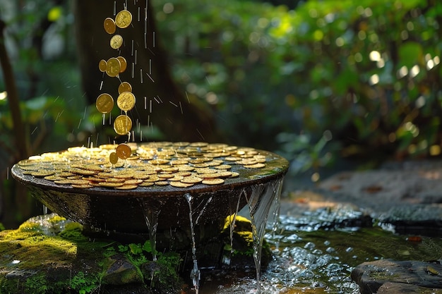 Фонтан золотых монет, дождь в парке.