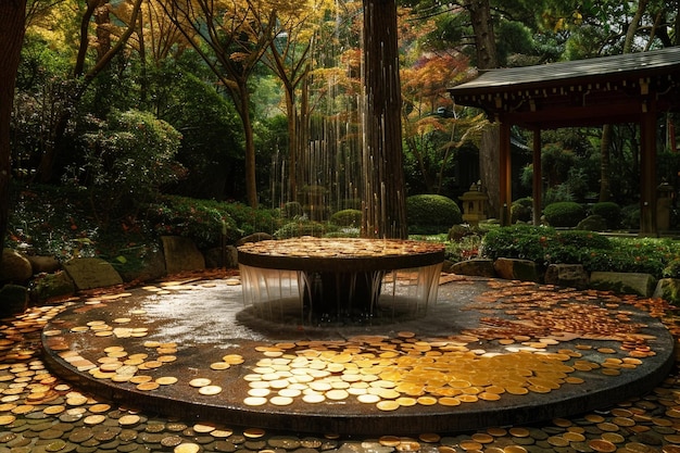 Fountain of gold coins raining in park