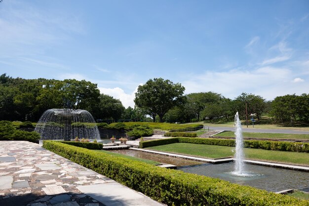 写真 空に照らされた公園の噴水