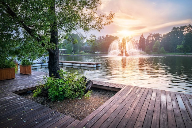 Fountain Kolos and the setting sun VDNKh Moscow