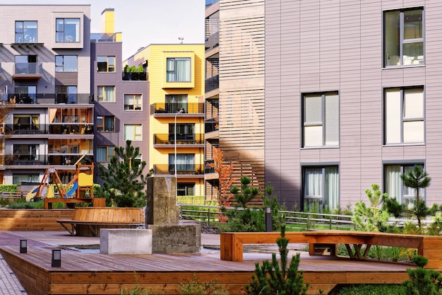 Fountain at Modern architectural complex of apartment residential buildings. And outdoor facilities.