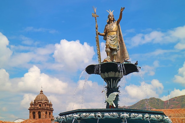 Fountain of Pachacuti Emperor of the Inca Empire on Plaza de Armas Square in Cusco Peru