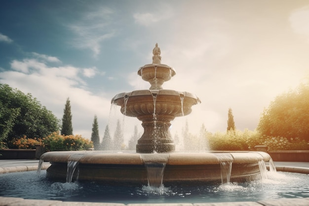 A fountain in a park with trees in the background