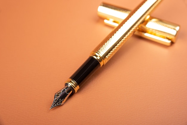 Fountain pen, beautiful details of a fountain pen exposed on a leather surface, selective focus.