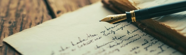 Photo fountain pen resting on a piece of paper with writing on it