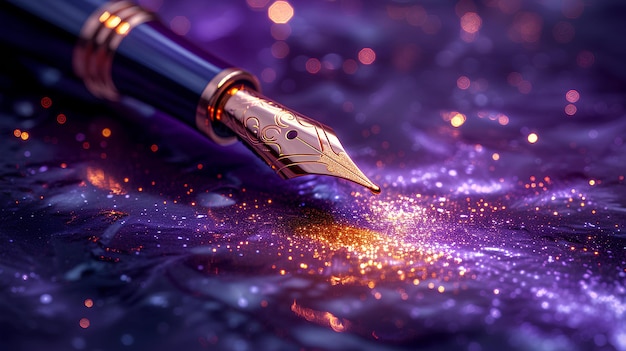 A fountain pen with a purple background and gold flakes on