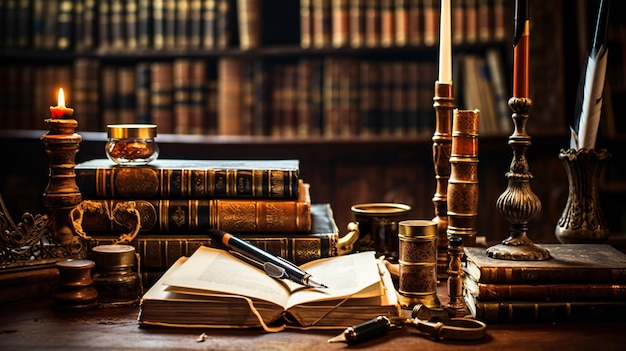 Fountain pens with paper in front of old books