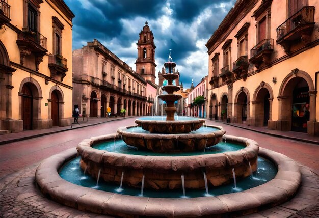 a fountain in a plaza with a building in the background and a church in the background