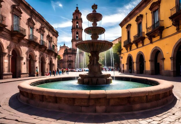 Photo a fountain in a plaza with a building in the background