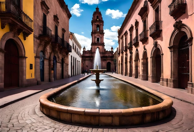 Photo a fountain in a plaza with a church in the background