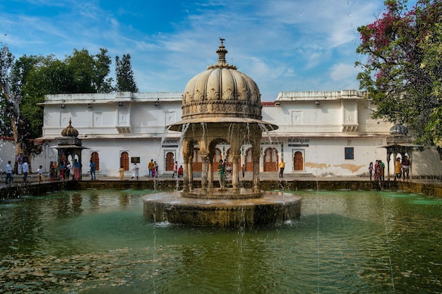 Fountain at the Saheliyon ki Bari gardens also known as the Maidens Courtyard This popular tourist attraction in Udaipur Rajasthan India attracts a large number of visitors