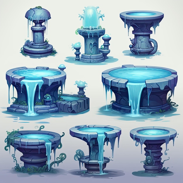 Fountain set Vector illustration of a water fountain in cartoon style
