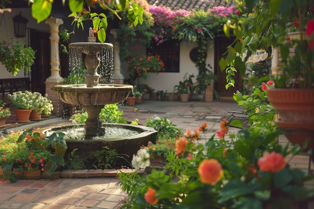 Fountain Surrounded by Potted Plants and Flowers