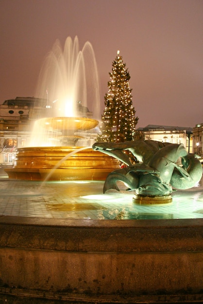 Fountain of Trafalgar Square in London during Christmas season