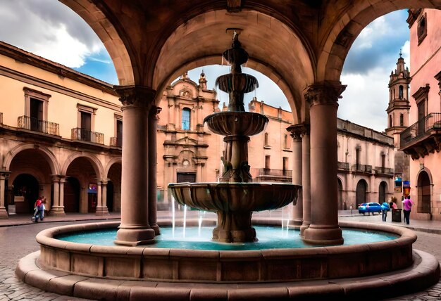 a fountain with a blue car parked in front of it