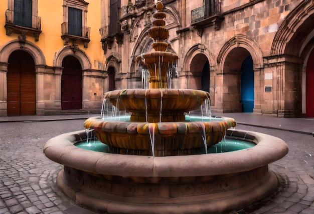 a fountain with a blue and green water fountain in front of a building