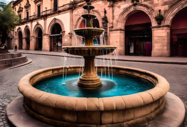 a fountain with a blue water fountain in front of a building